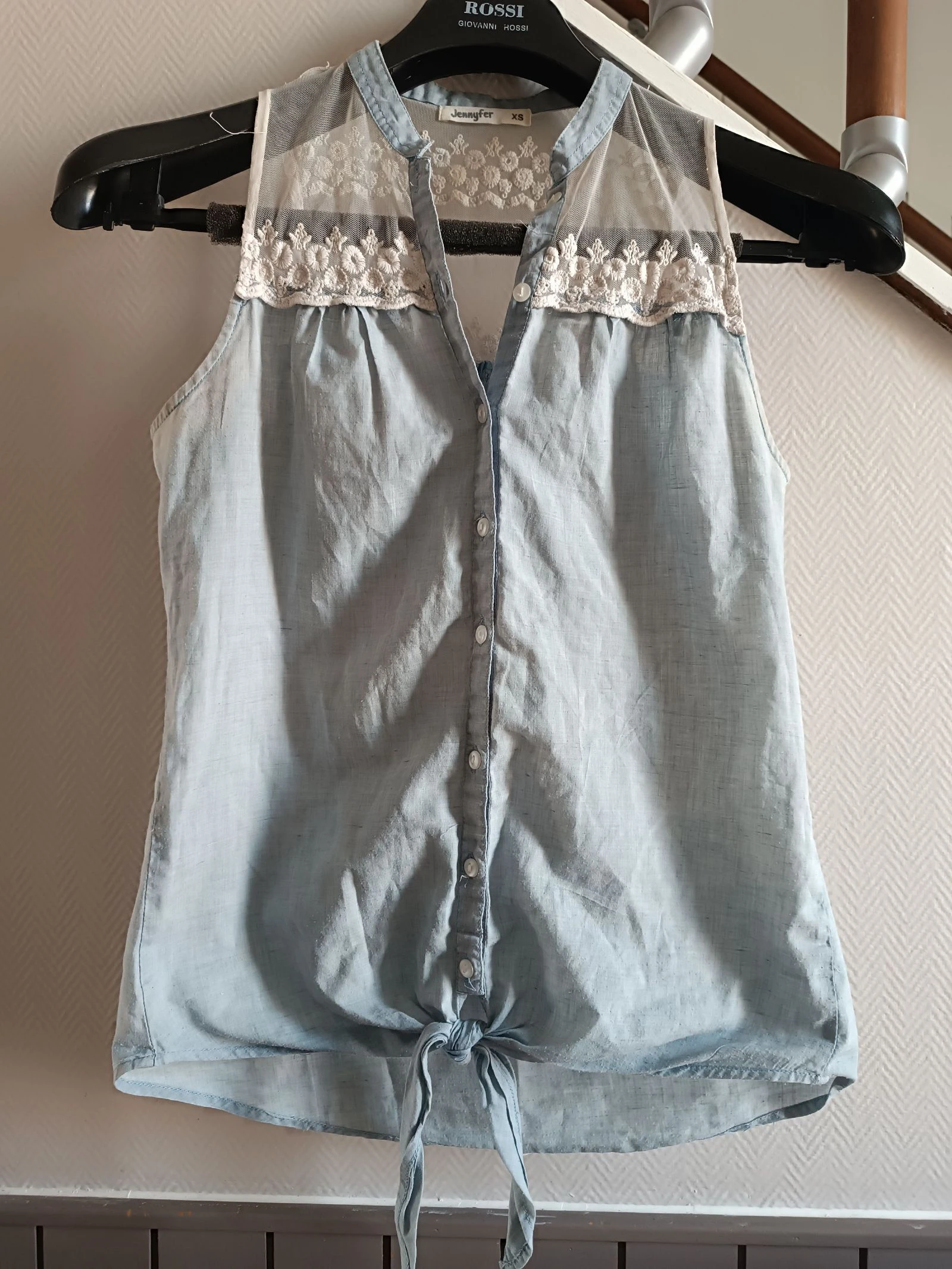 Sleeveless blouse denim & lace effect - Size XS – photo 2